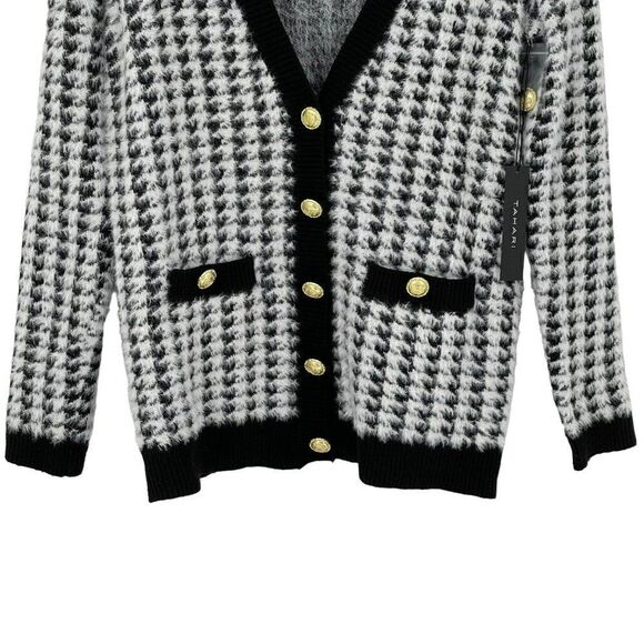 Tahari Houndstooth Eyelash V-Neck Button Up Cardigan Sweater Soft White Black XS - Picture 3 of 10